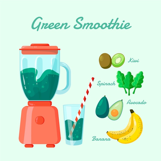 Gratis vector biologische platte groene smoothie in blenderglas