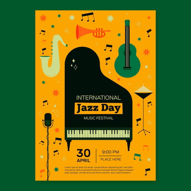 Gratis vector biologische platte internationale jazz dag verticale poster sjabloon