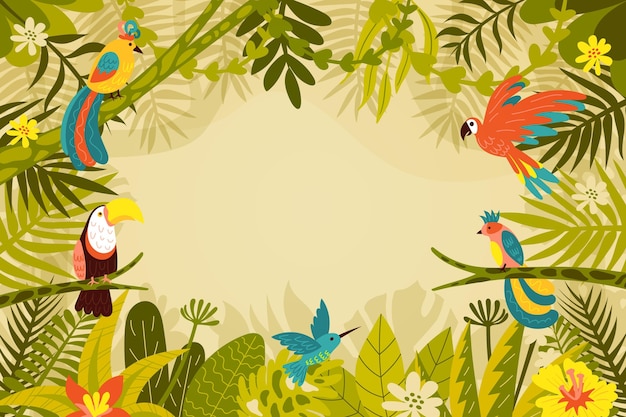 Gratis vector biologische platte jungle achtergrond met exotische vogels