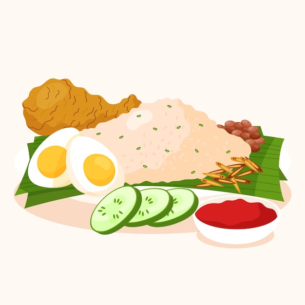 Biologische platte nasi lemak geïllustreerd