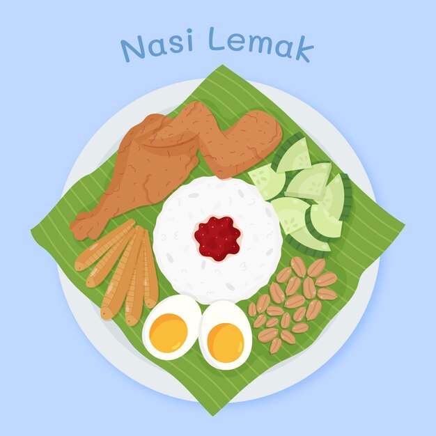 Biologische platte nasi lemak geïllustreerd