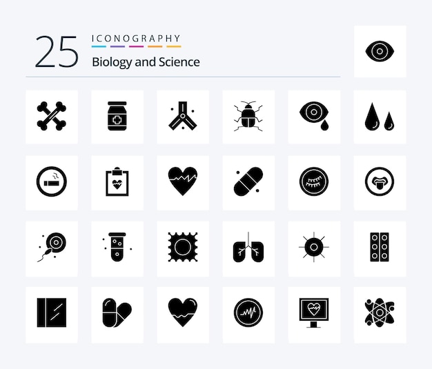 Gratis vector biology 25 solid glyph icon pack inclusief lab biologie cellen natuurbug