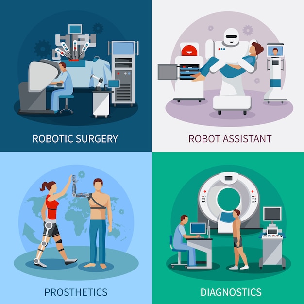 Gratis vector bionic 2x2 ontwerpconcept met diagnostische apparatuur voor robotchirurgie orthopedische prothesen