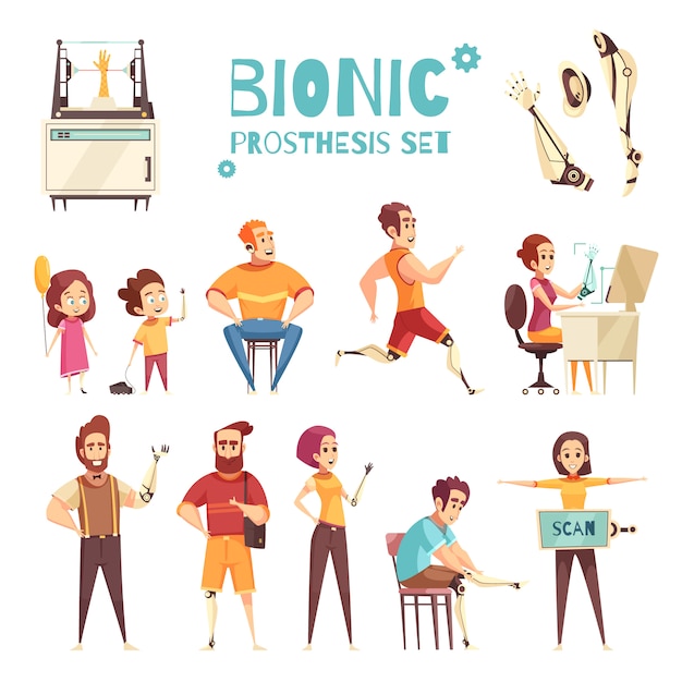 Bionische prothese cartoon icons set