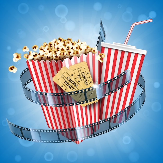 Bioscoop popcorn, frisdrank, kaartjes en filmstrip filmposter met fastfood snack en cola drank in wegwerp gestreepte verpakking op abstracte onscherpe achtergrond. Realistische 3D-afbeelding