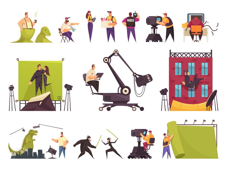 Gratis Vector bioscoopfilmproductie platte komische set met filmploeg cast grappige scènes die een opnamelocatie bouwen