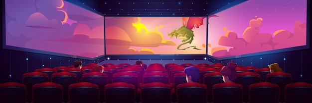 Bioscoopzaal met mensen die film kijken op een driezijdig panoramisch scherm.