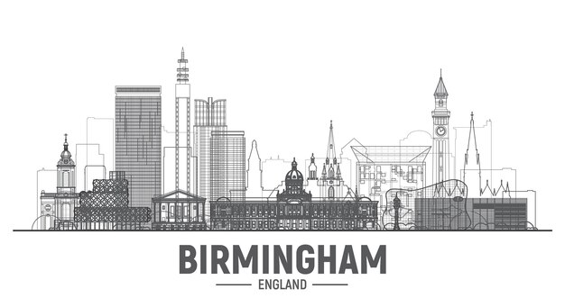 Birmingham Engeland lijn stad skyline vector op witte achtergrond Stroke vectorillustratie Zakelijke reizen en toerisme concept met moderne gebouwen Afbeelding voor banner of website