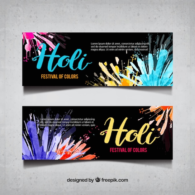 Gratis vector black banners met kleur vlekken voor holifestival