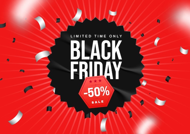 Gratis vector black friday-compositie met zwarte en rode badge bewerkbare tekst met kortingslabel en vliegende confetti vectorillustratie