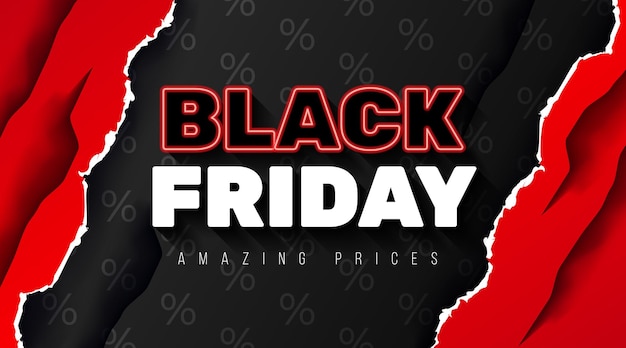 Black friday sale-bannersjabloon met realistisch rood gescheurd papier
