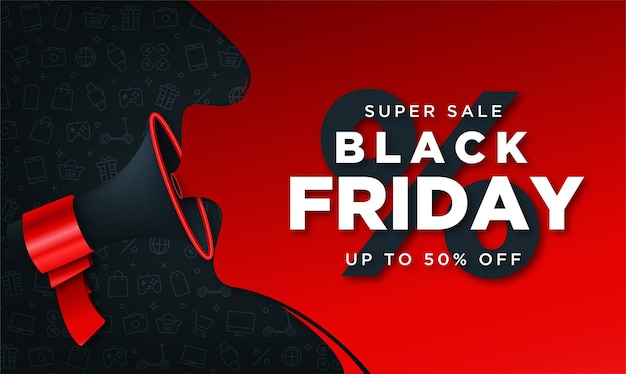 Gratis vector black friday super sale banner met realistische 3d-megafoon en golvende achtergrond
