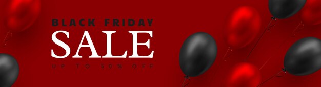 Black Friday-verkoopbanner. 3D-rode en zwarte realistische glanzende ballonnen. Rode achtergrond. Vector illustratie.