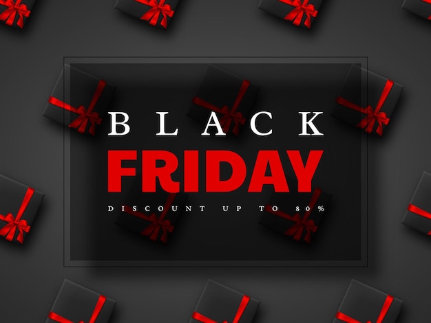 Gratis vector black friday-verkoopbanner. realistische geschenkdoos met rode strik. zwarte achtergrond. vector illustratie.