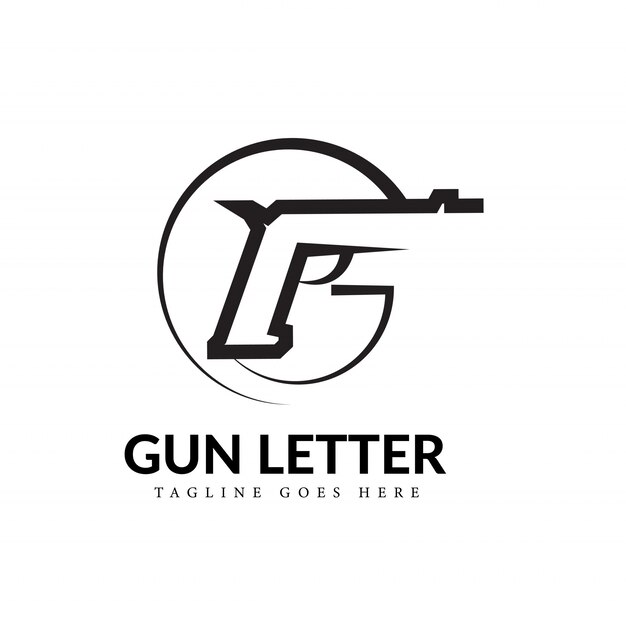 Black & White F Letter beschrijft een Gun Line Art Logo Concept