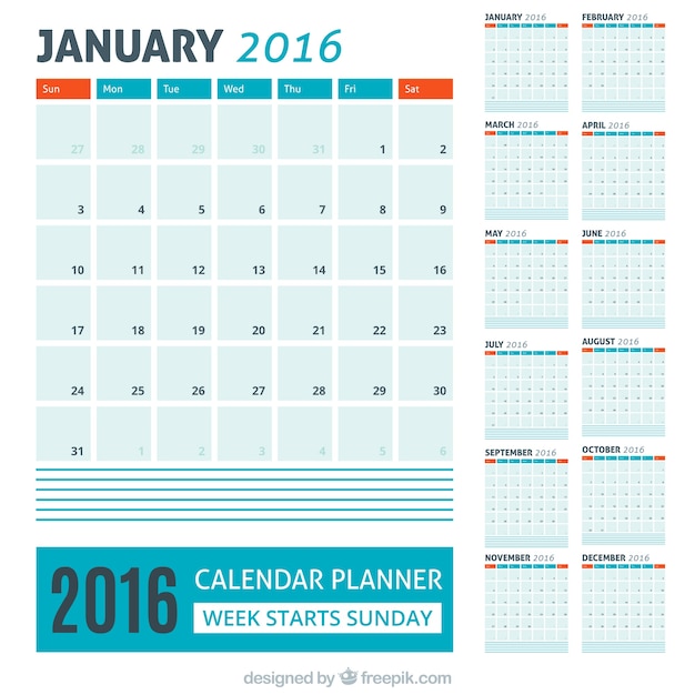 Blauw 2016 kalender met rode details