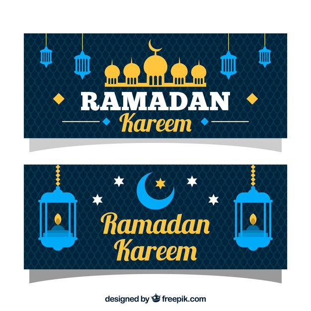 Blauw en glod ramadan kareem banner