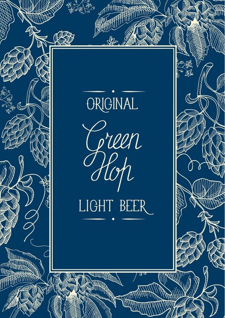 Blauw en wit vierkant decoratieve krans kadersamenstelling met inscriptie over origineel light bier in het midden van de kaart en boven-onder stippellijn hand getrokken doodle