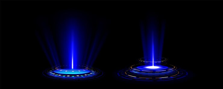Gratis Vector blauw gloeiende neon game portal realistische vectorillustratie van futuristisch teleport podium voor game ui concept magische of cyberpunk hologram poort met flare en lichtcirkeleffect voor reizen in de ruimte