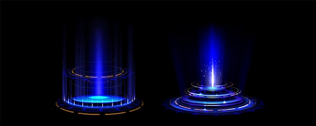 Gratis vector blauw gloeiende neon game portal realistische vectorillustratie van futuristisch teleport podium voor game ui concept magische of cyberpunk hologram poort met flare en lichtcirkeleffect voor reizen in de ruimte