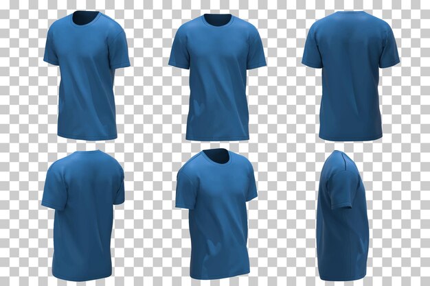 Blauw heren t-shirt in verschillende aanzichten met realistische stijl