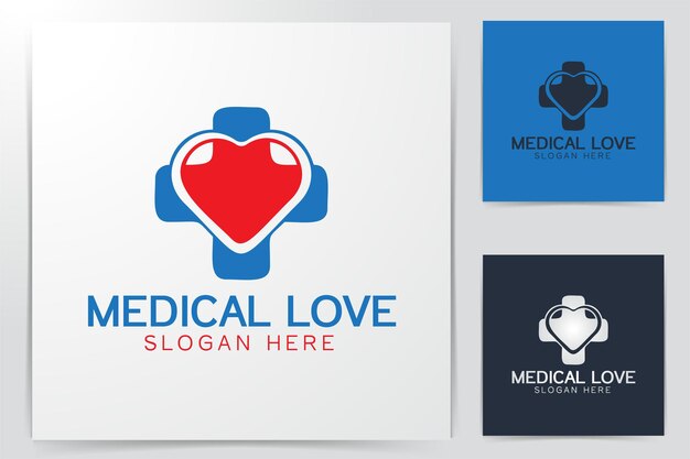 Blauw kruis en liefde, medische logo-ontwerpen inspiratie geïsoleerd op een witte achtergrond