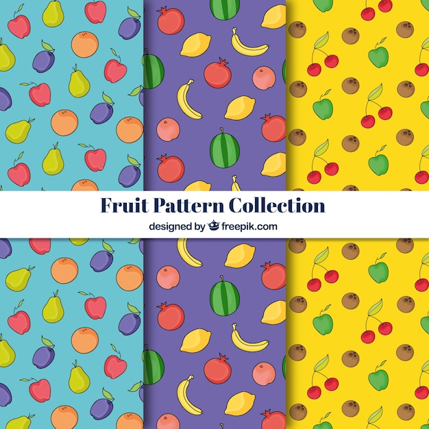 Gratis vector blauw, paars en geel fruti patroon collectie