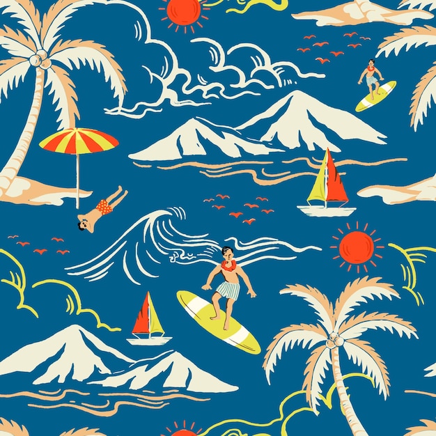 Blauw tropisch eilandpatroon met illustratie van het toeristenbeeldverhaal