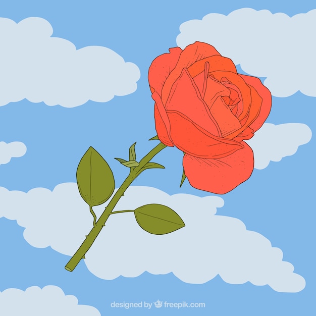 Gratis vector blauwe achtergrond met decoratieve roos en wolken