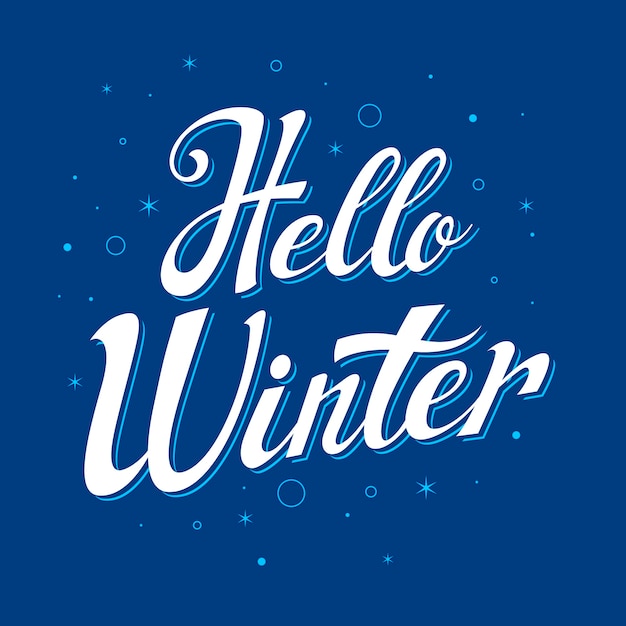 Gratis vector blauwe achtergrond met hallo winter belettering