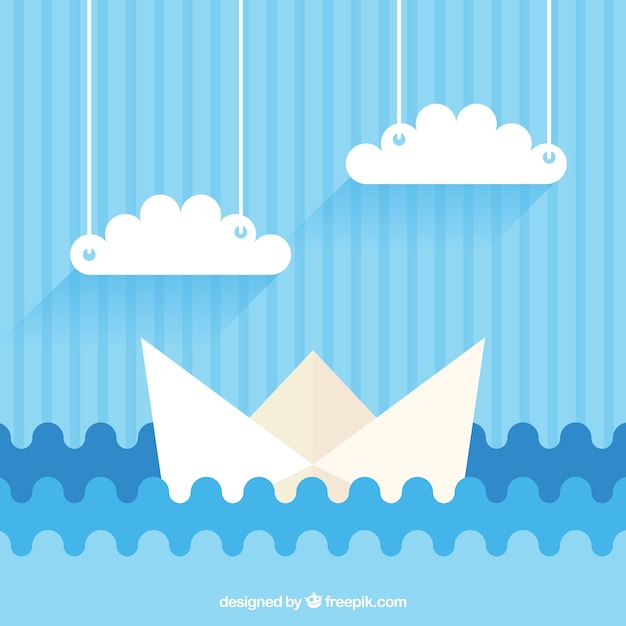 Gratis vector blauwe achtergrond met papieren boot en wolken