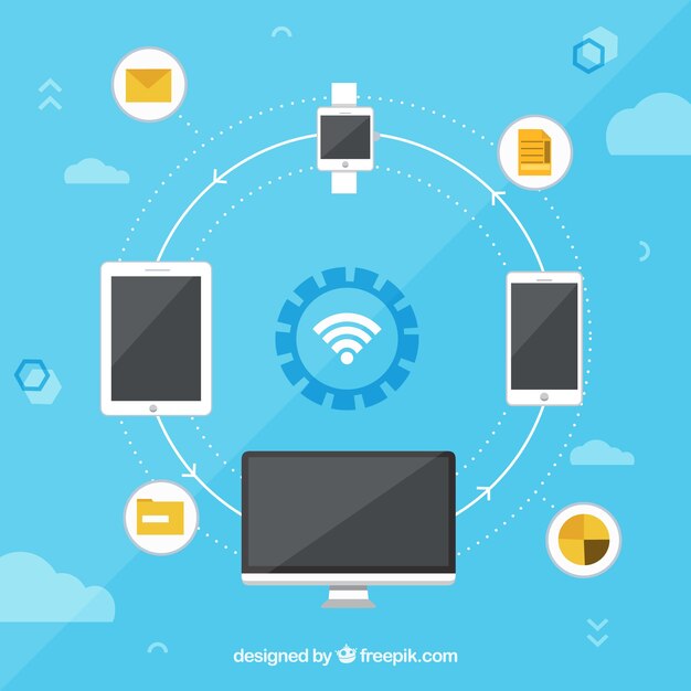 Blauwe achtergrond met wifi signaal en elektronische apparaten