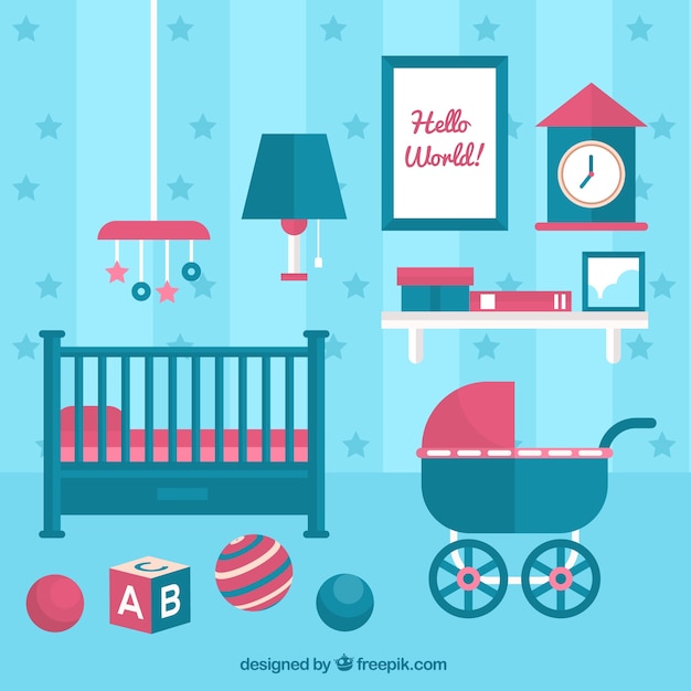 Gratis vector blauwe babykamer met bedje en wandelwagen