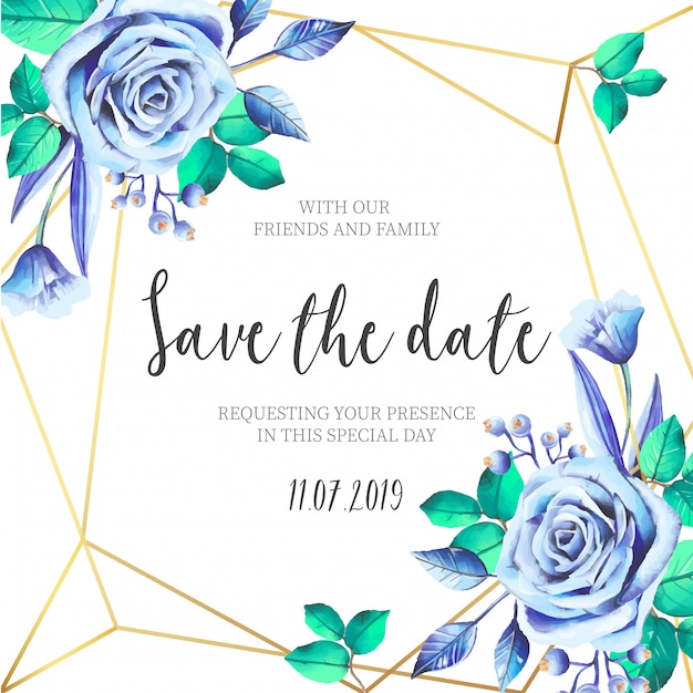 Blauwe bloemen met gouden frame bruiloft uitnodiging