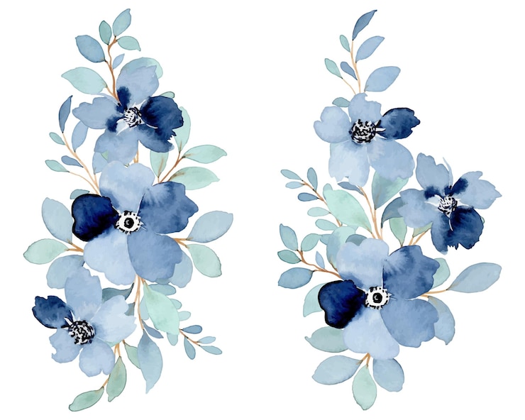 Gratis Vector blauwe bloemenboeketcollectie met aquarel