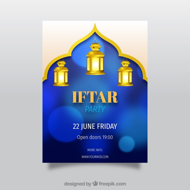 Gratis vector blauwe bokeh iftar uitnodiging sjabloon