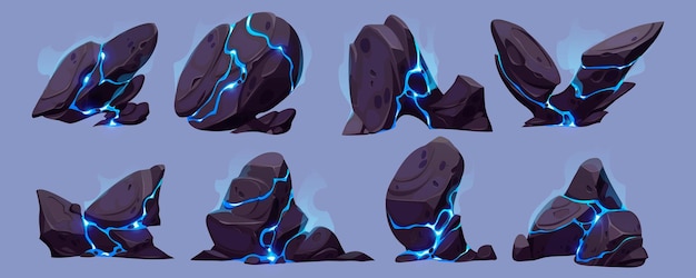 Blauwe cartoon rock boulder met rook van glow crack set vector neon vonk en mist textuur in groot graniet gebroken stenen element ruwe zware en gebarsten mysterieuze substantie geologie objectontwerp