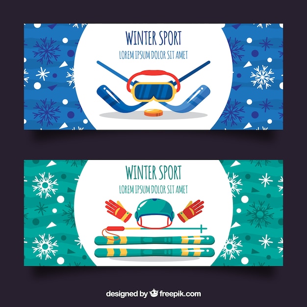 Gratis vector blauwe en groene wintersport concept banners