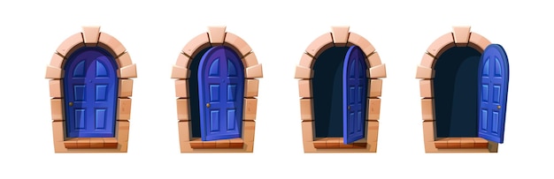 Gratis vector blauwe houten cottage deur open en gesloten cartoon stijlicoon vectorillustraties sprite-animatie