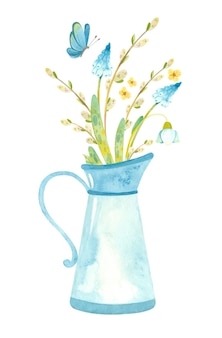 Blauwe kan met lentebloemen, wilg en vlinder. themasjabloon voor paaskaarten, posters, banners. aquarel clipart op witte achtergrond