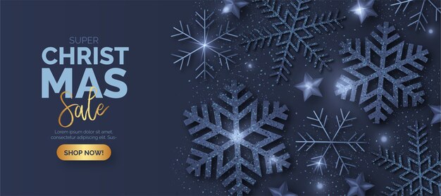 Blauwe kerst verkoop banner met glanzende sneeuwvlokken