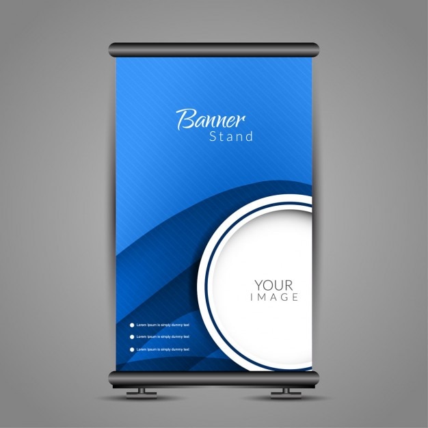 Blauwe kleur roll up banner staan ​​template