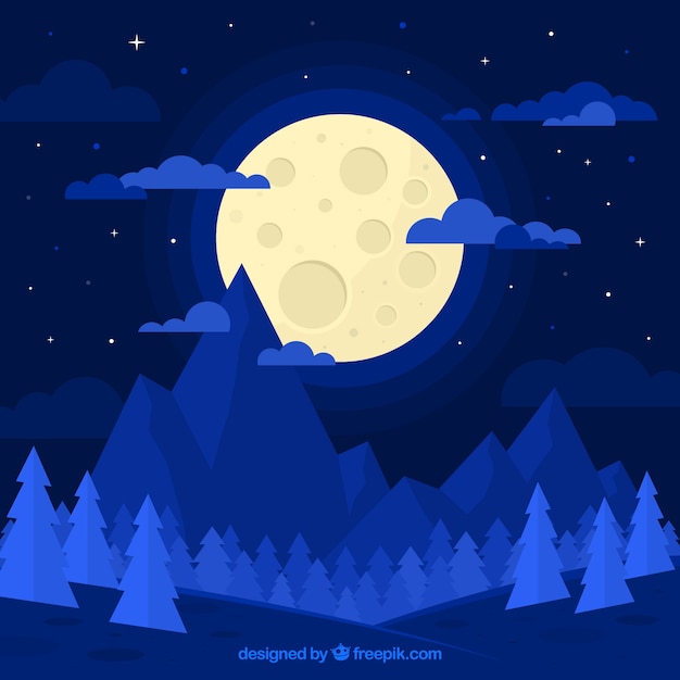 Gratis vector blauwe landschap achtergrond met de maan in plat ontwerp