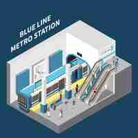 Gratis vector blauwe lijn metrostation isometrische binnenaanzicht van treinplatform roltrap die passagiers levert om illustratie te verlaten