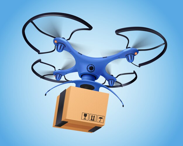 Blauwe logistieke post drone realistische samenstelling en het vergemakkelijkt de levering van postdiensten