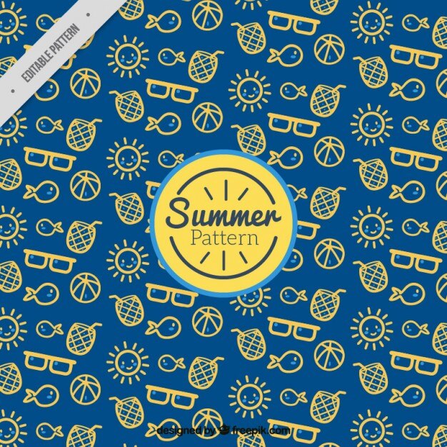 Gratis Vector blauwe patroon met schetsen zomer elementen