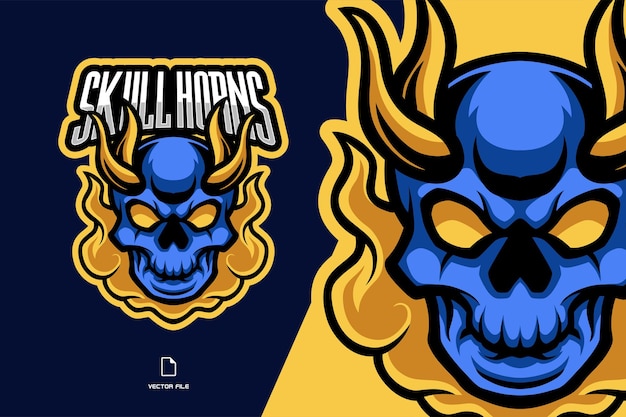 Blauwe schedel gehoornde mascotte sport logo illustratie voor spel