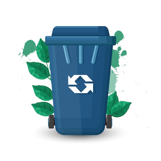 Gratis vector blauwe vuilnisbak met deksel en ecologieteken. groene bladeren op achtergrond