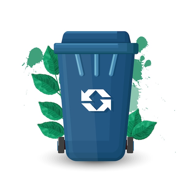 Blauwe vuilnisbak met deksel en ecologieteken. Groene bladeren op achtergrond