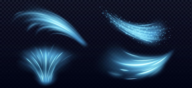 Blauwe wind luchtstroom licht effect koude frisse golf vector Schone magie neon bries beweging met gloed 3d conditioner snelheid energie stroomlijn met stof Transparante ijs blaas stroom en vacuüm vortex spoor